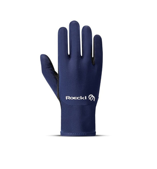 A single dark navy blue glove with black grip detailing on the fingers and palm, featuring the white 'Roeckl' brand logo on the back, set against a plain white background.