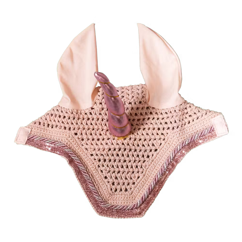Crocheted fly veil with pink ears and a unicorn horn on a white background