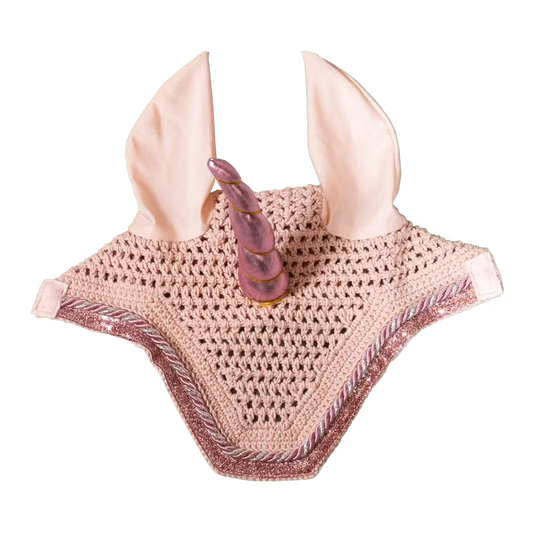 Crocheted fly veil with pink ears and a unicorn horn on a white background