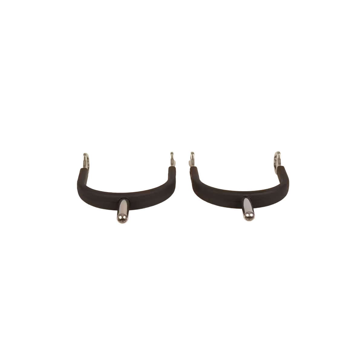 Pair of black and silver spurs on a white background