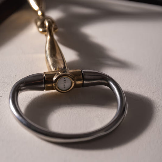 Close-up of a gold and silver bridle bit on a neutral background