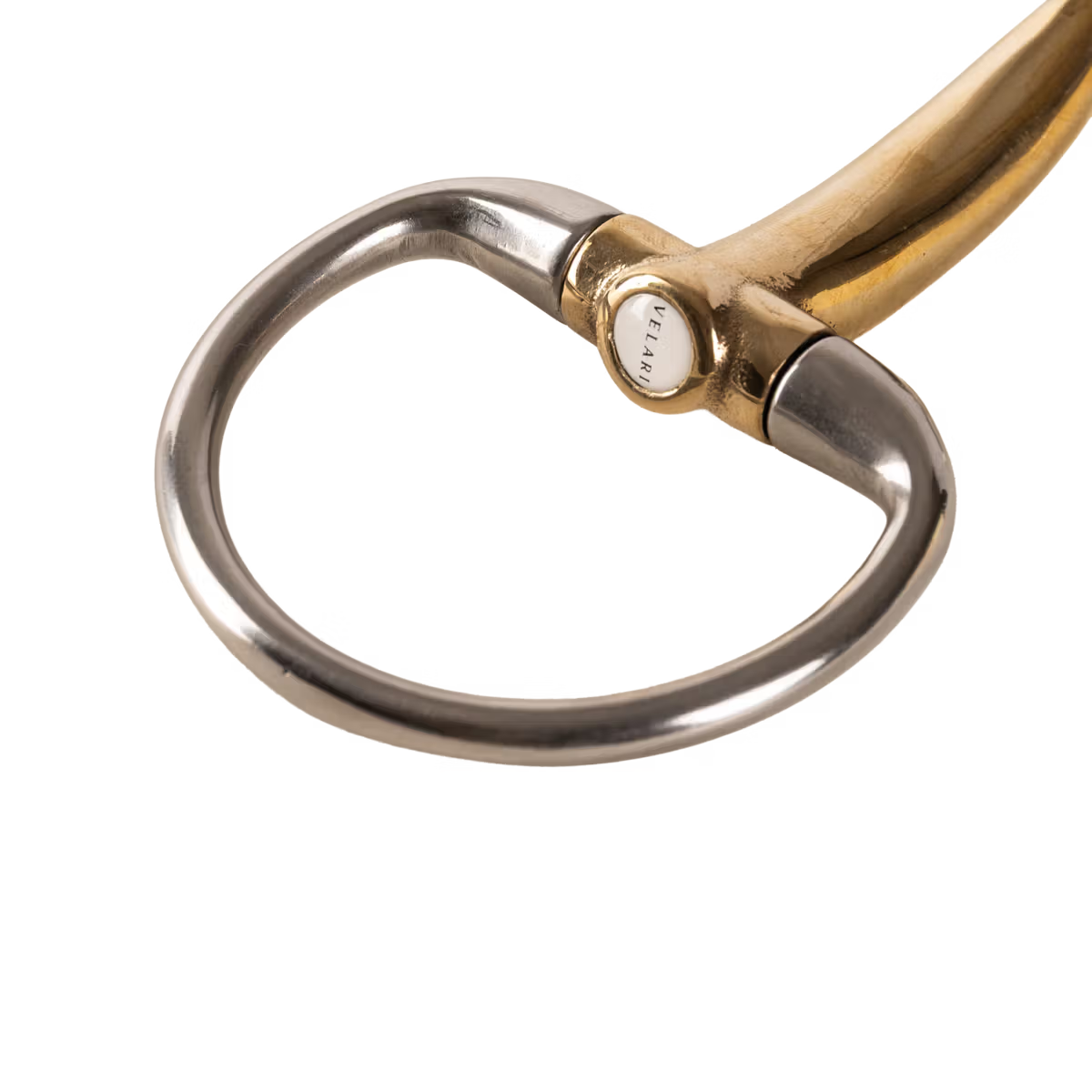 Close-up of a pair of horse bridle bits with gold and silver finish on a white background