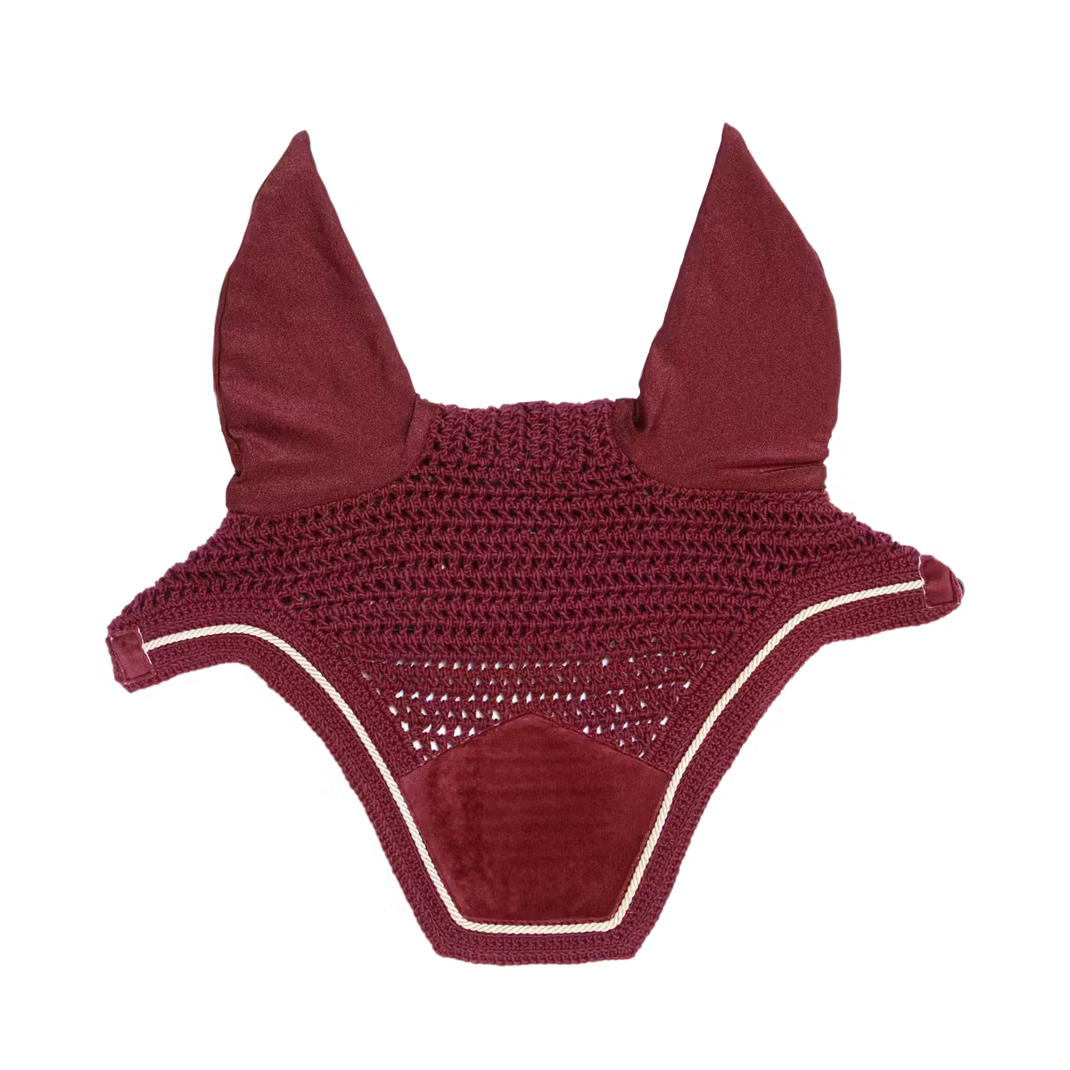 Maroon crochet fly veil on a white background