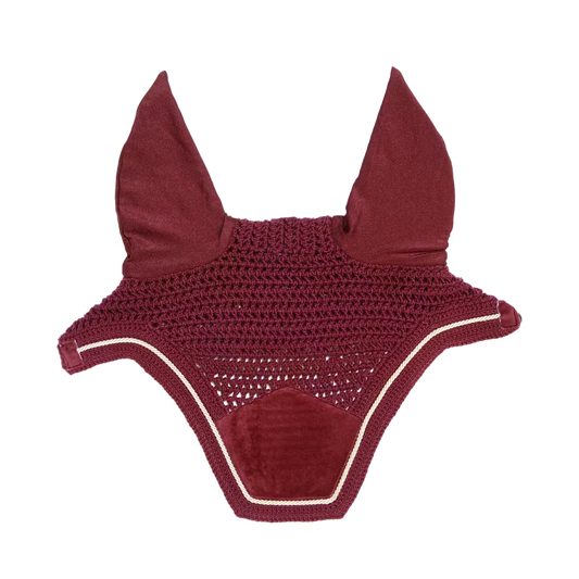 Maroon crochet fly veil on a white background