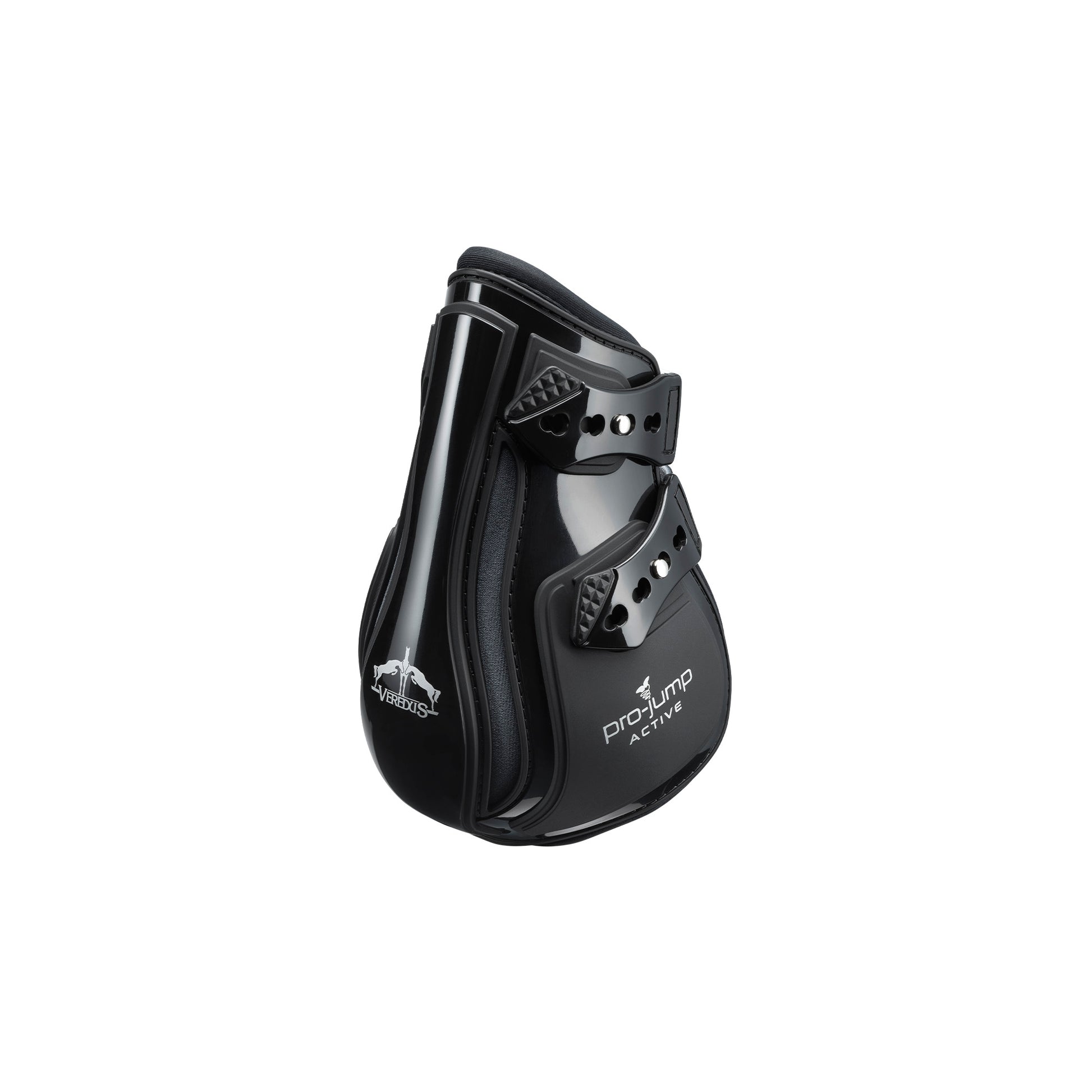 A pair of black Veredus Pro Jump Active Fetlock Boots designed for horses, featuring an anatomical shockproof double shell and reinforced elastic straps.