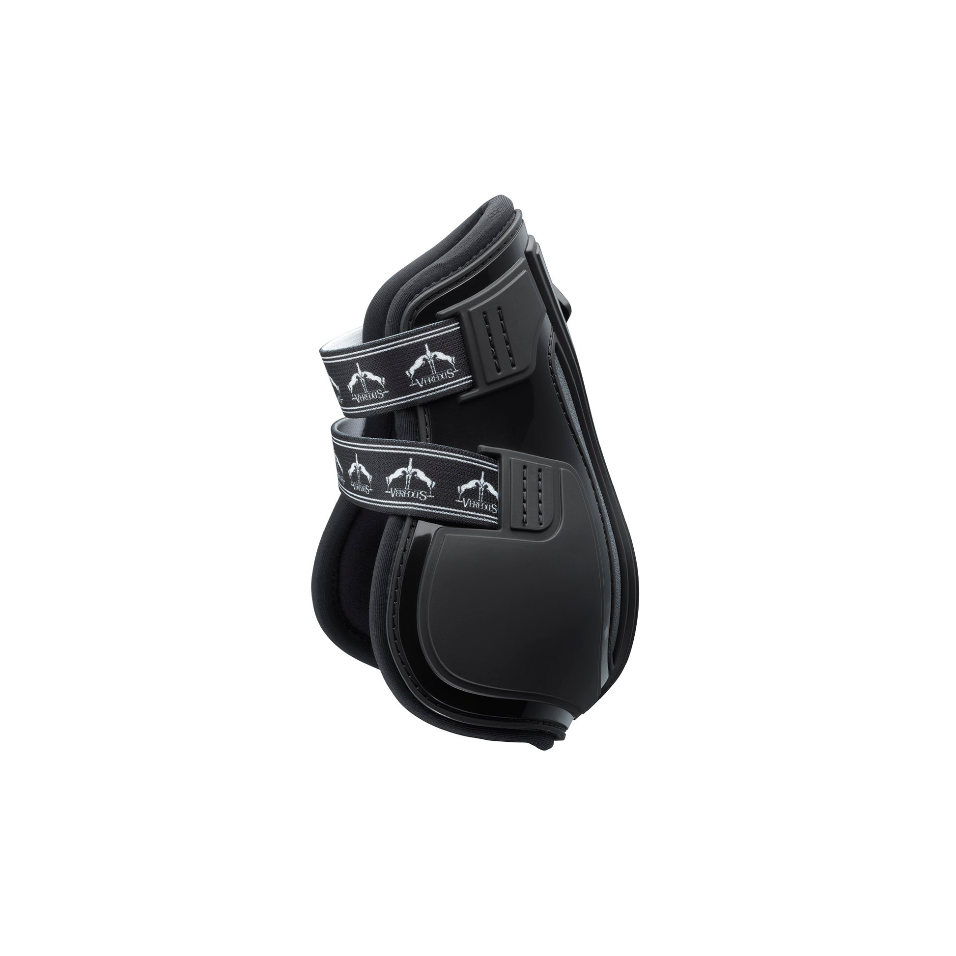 A pair of black Veredus Pro Jump Active Fetlock Boots designed for horses, featuring an anatomical shockproof double shell and reinforced elastic straps.