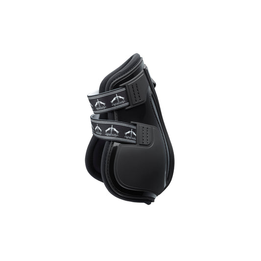 A pair of black Veredus Pro Jump Active Fetlock Boots designed for horses, featuring an anatomical shockproof double shell and reinforced elastic straps.