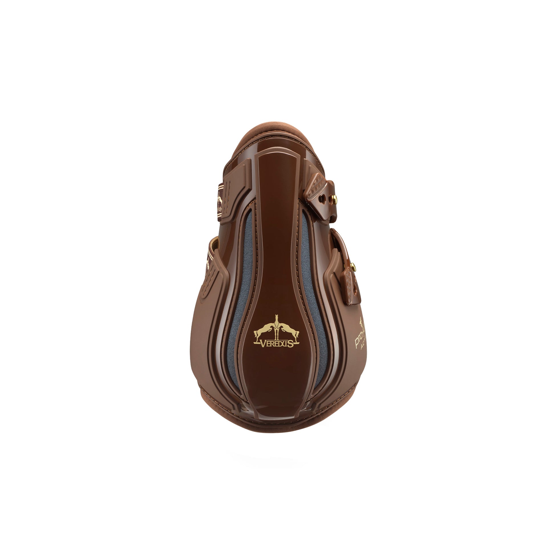 A pair of brown Veredus Pro Jump Active Fetlock Boots designed for horses, featuring an anatomical shockproof double shell and reinforced elastic straps.