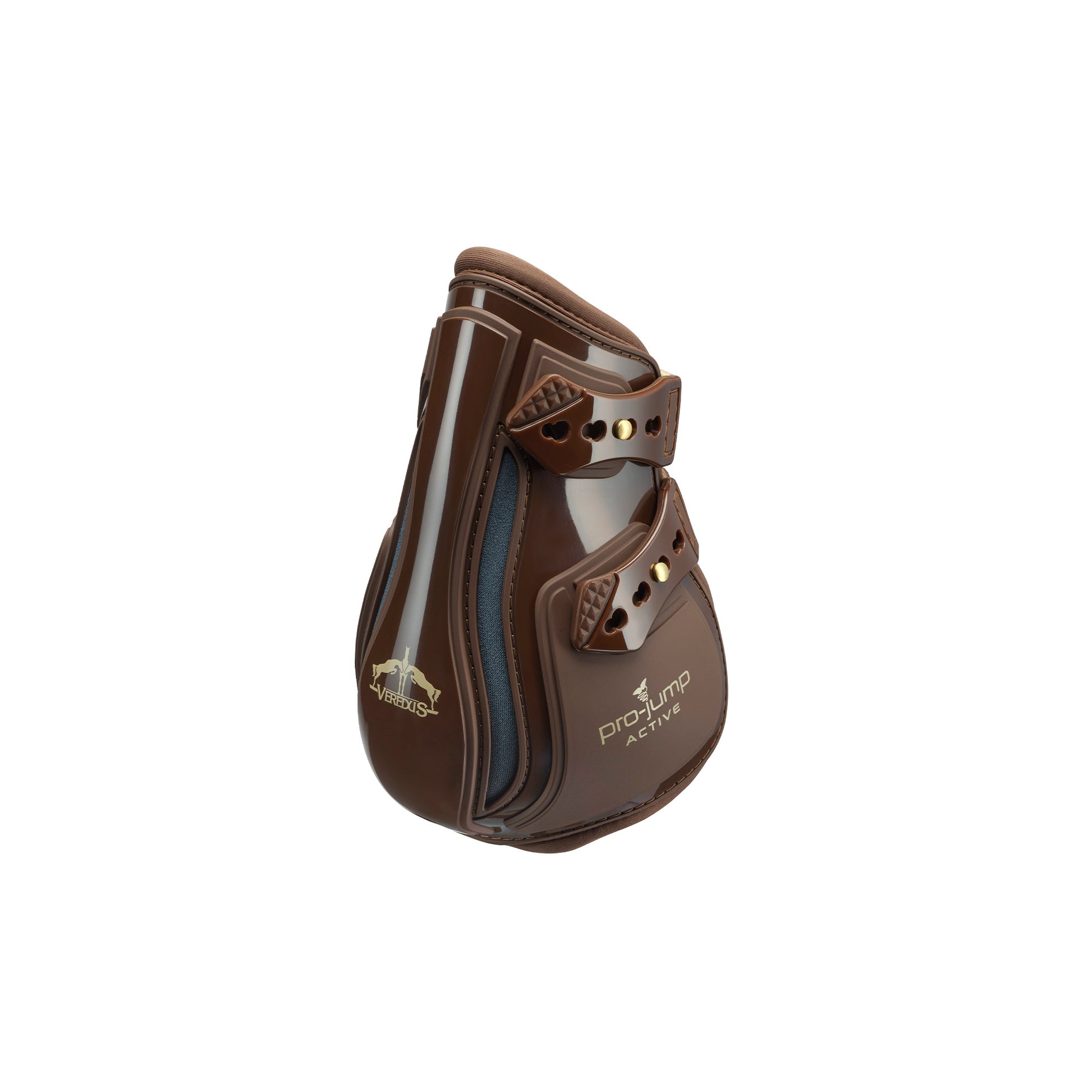 A pair of brown Veredus Pro Jump Active Fetlock Boots designed for horses, featuring an anatomical shockproof double shell and reinforced elastic straps.