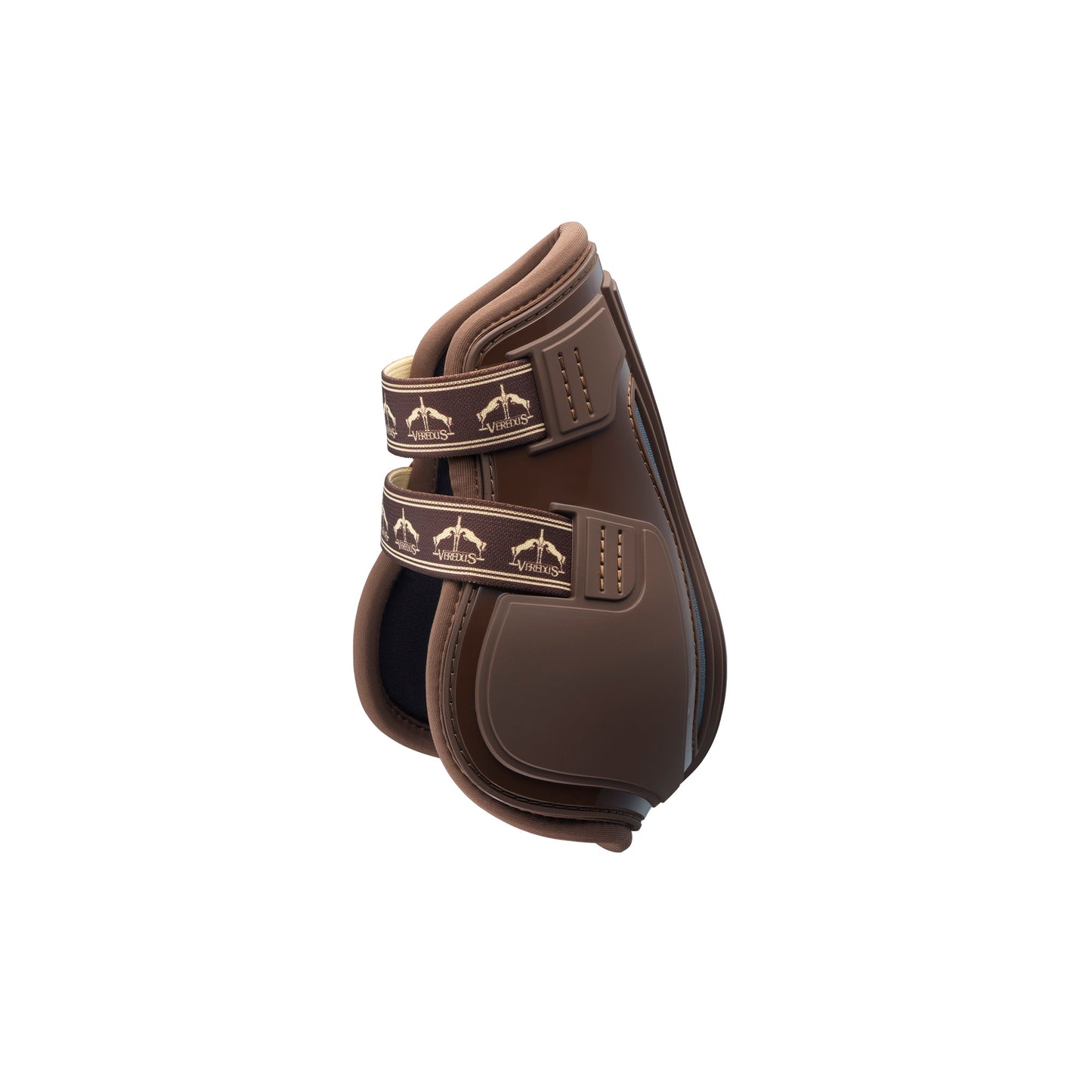 A pair of brown Veredus Pro Jump Active Fetlock Boots designed for horses, featuring an anatomical shockproof double shell and reinforced elastic straps.