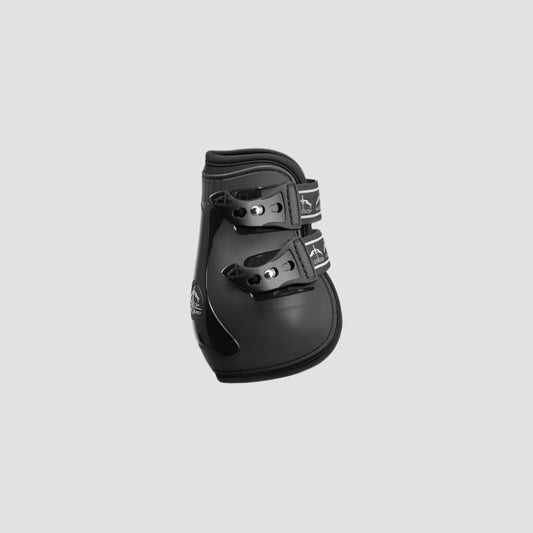 Black protective equestrian boot on a light gray background