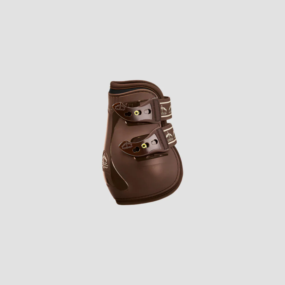 Brown equestrian leg guard on a light gray background
