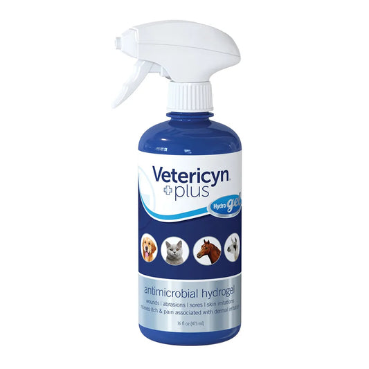 Veterericyn plus antimicrobial hydrogel bottle on a white background