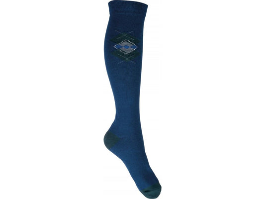 Blue knee-high sock with a diamond pattern on a white background