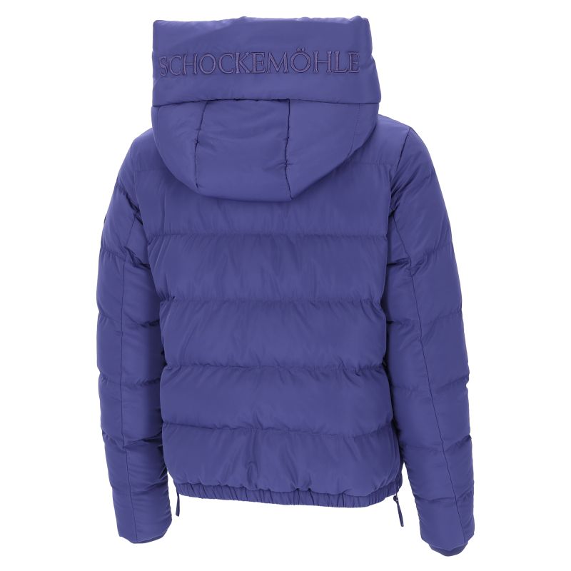 Ink blue puffer jacket with a brand logo on the back against a white background