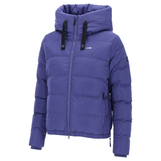 Blue puffer jacket with a hood on a white background