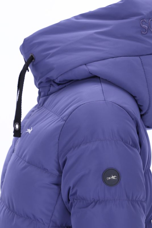 Ink blue puffer jacket with brand logo on a white background