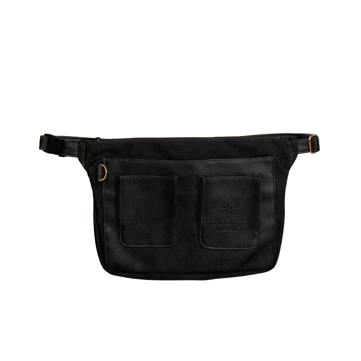 Black waist bag with two pockets on a white background
