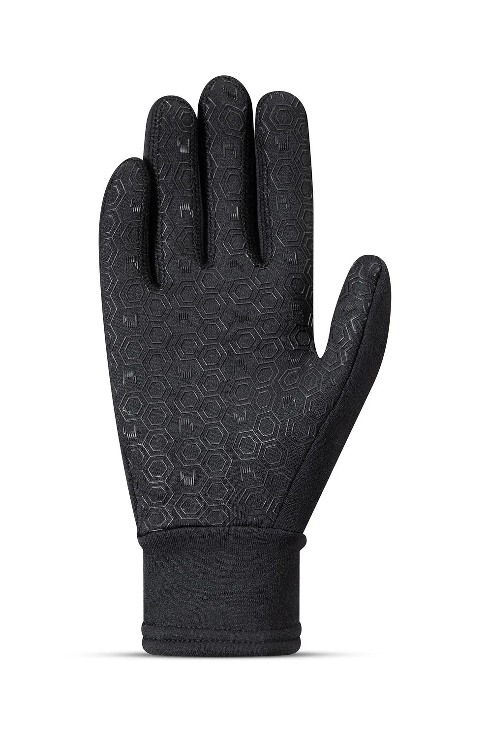 A single black insulated glove with a textured, patterned back and a smooth black cuff, shown against a plain white background.