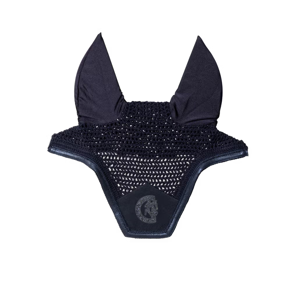 Navy blue equestrian fly bonnet with mesh design on a white background