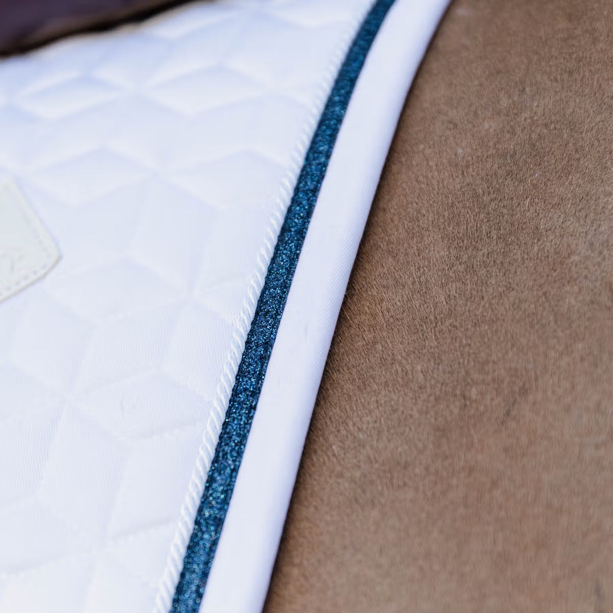 Detail of a white saddle pad with a glitter navy band