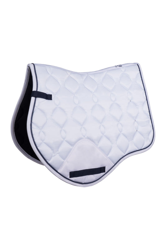White quilted saddle pad with black accents on a white background