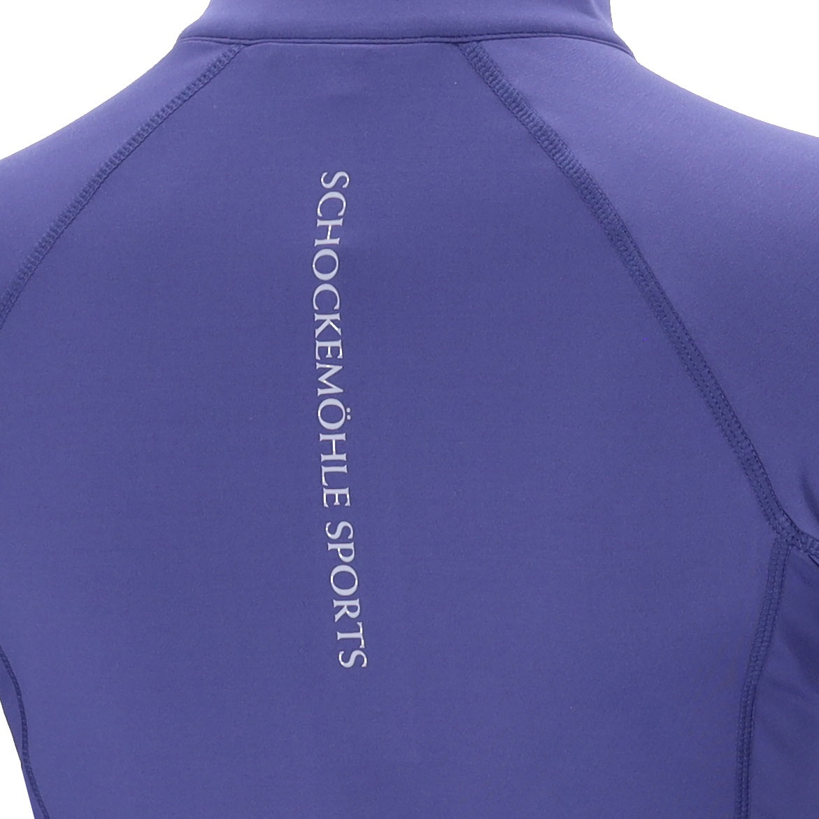 Blue baselayer back with Schockemhole writing on a white background