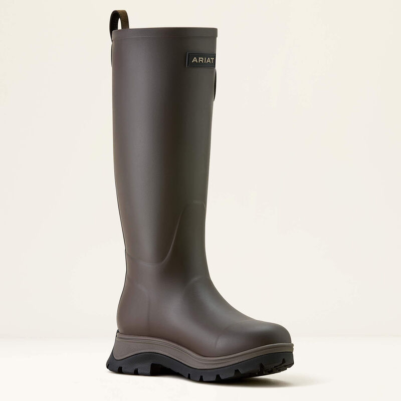 A brown Ariat wellington boot on a white background