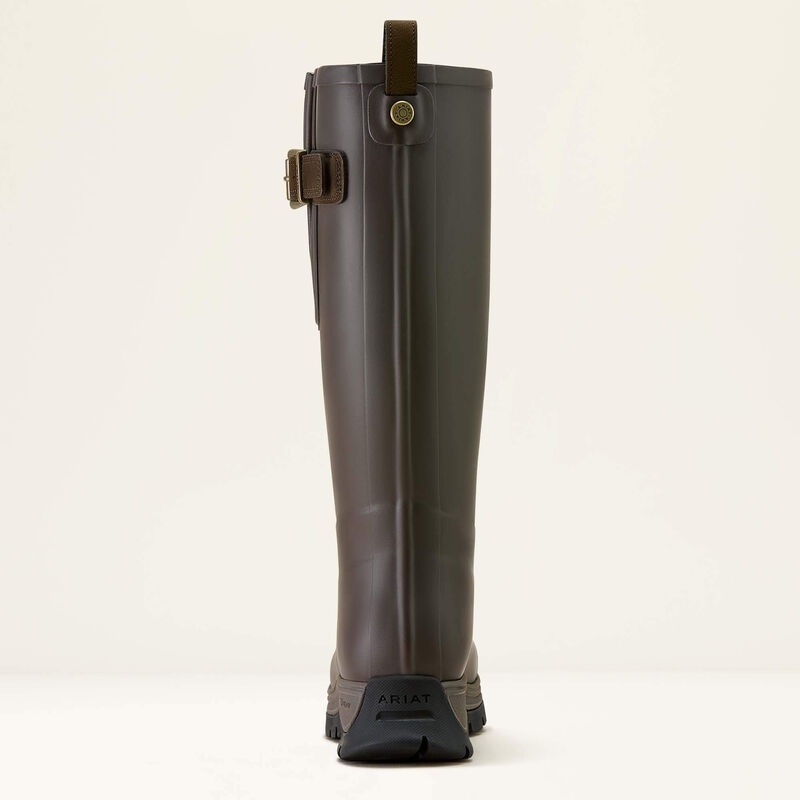 Brown rain boot with a buckle on a light beige background