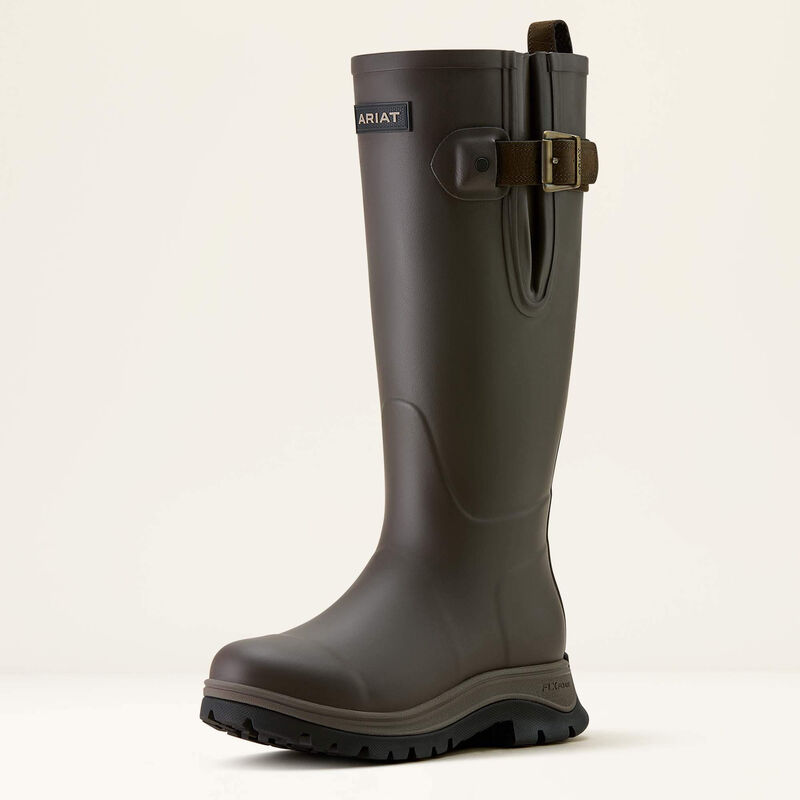 Brown rain boot with a buckle on a beige background