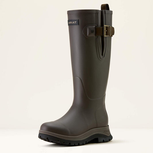 Brown rain boot with a buckle on a beige background