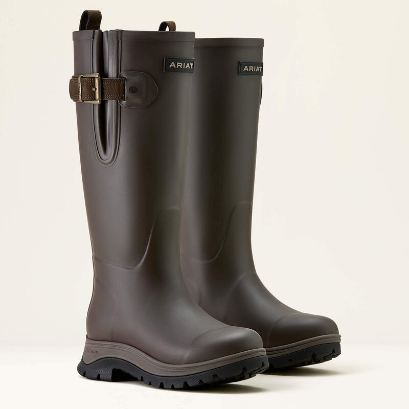 A pair of brown Ariat wellington boots on a white background