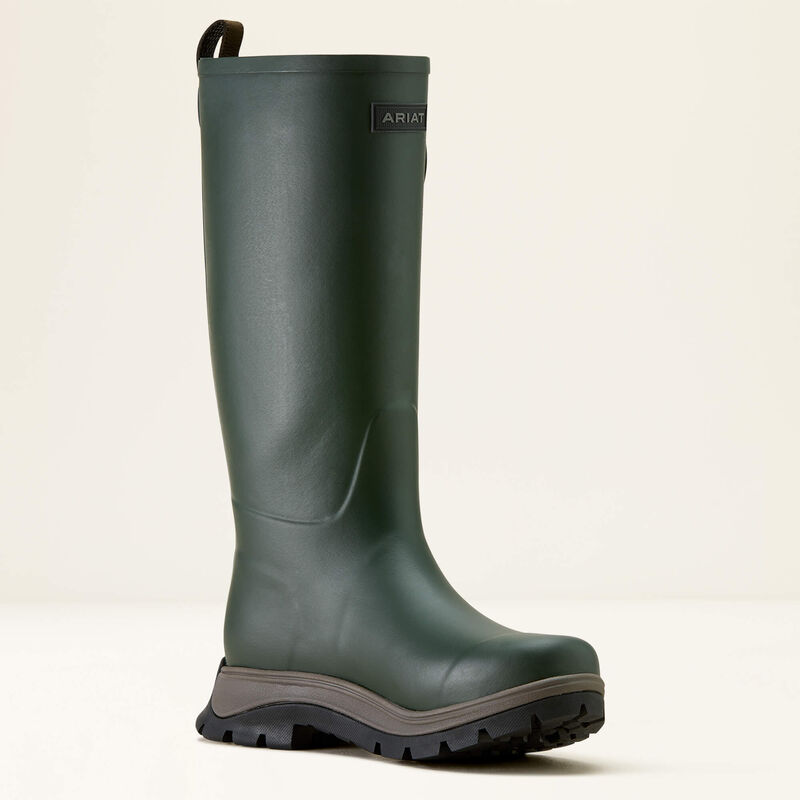 A green Ariat wellington boot on a white backround