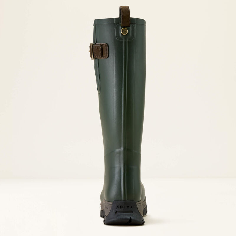 A green Ariat wellington boot on a white backround