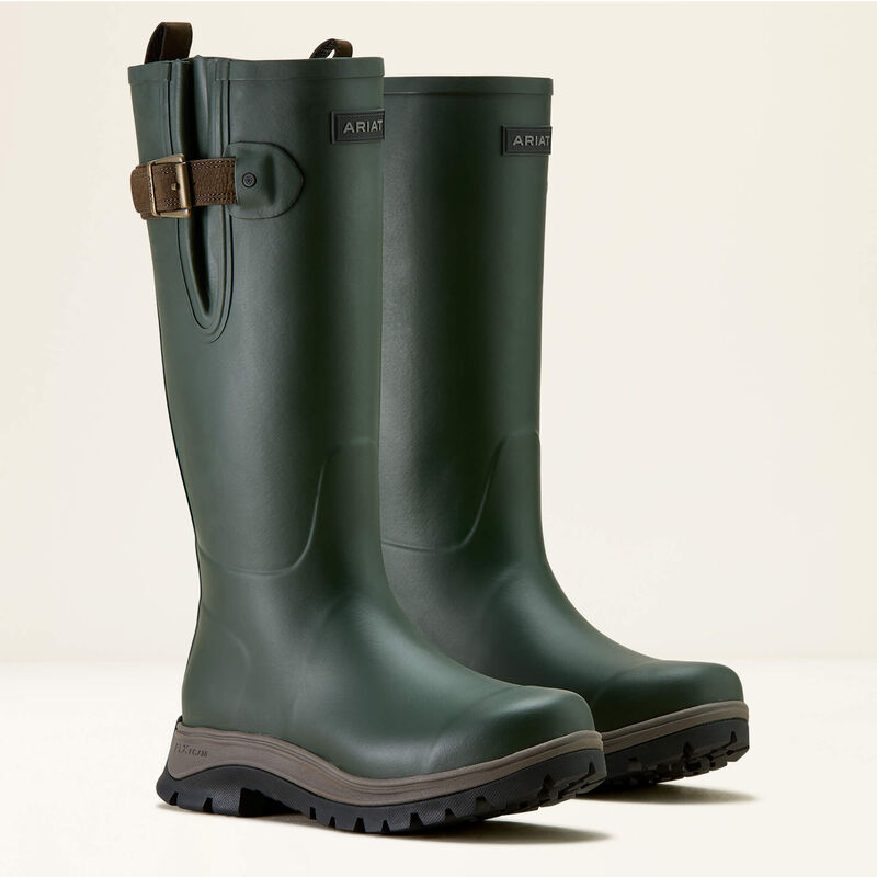 A pair of green Ariat wellington boots on a white backround
