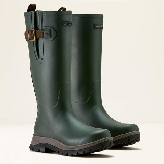 A pair of green Ariat wellington boots on a white backround
