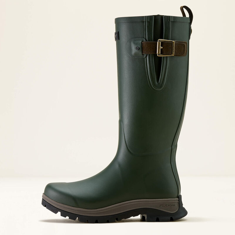A green Ariat wellington boot on a white backround