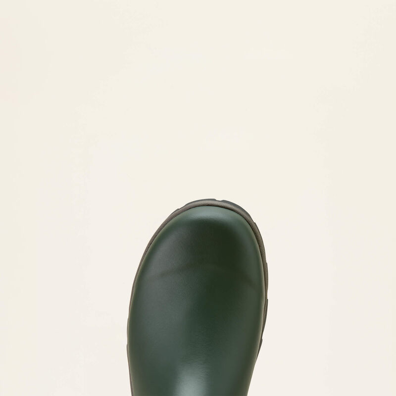 The toe of a green Ariat wellington boot on a white backround