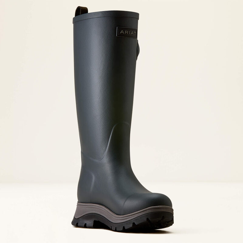 A single Ariat mid-calf rain boot in dark charcoal gray, shown from a side profile view against a plain white background.