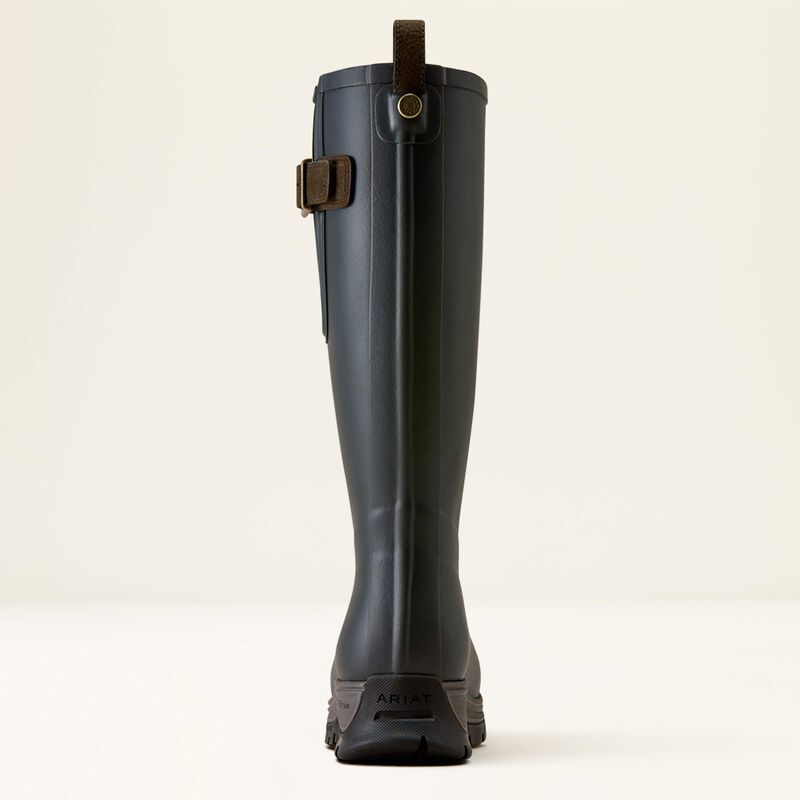 A single tall rain boot shown from the back, featuring a matte black rubber body with brown leather accents and a pull tab, set against a clean off-white background.