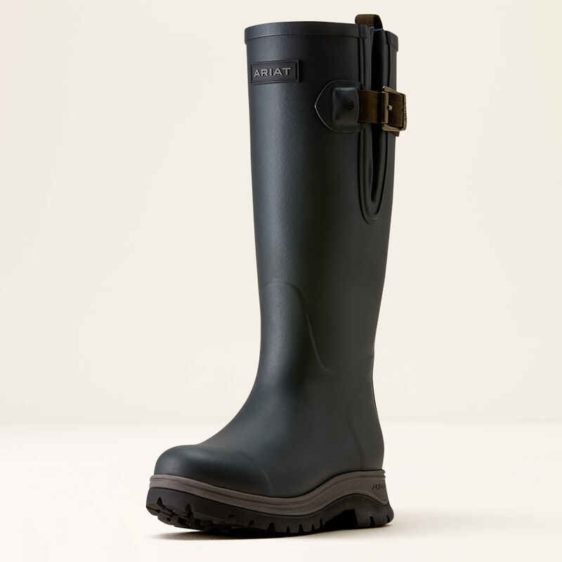 A single black Ariat mid-calf rain boot with a brown buckle strap on the back, shown against a plain off-white background.