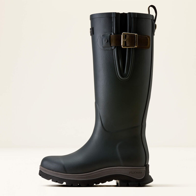 A single black rubber rain boot with a brown leather strap and gold buckle detail on the side, shown in profile against a light cream background.