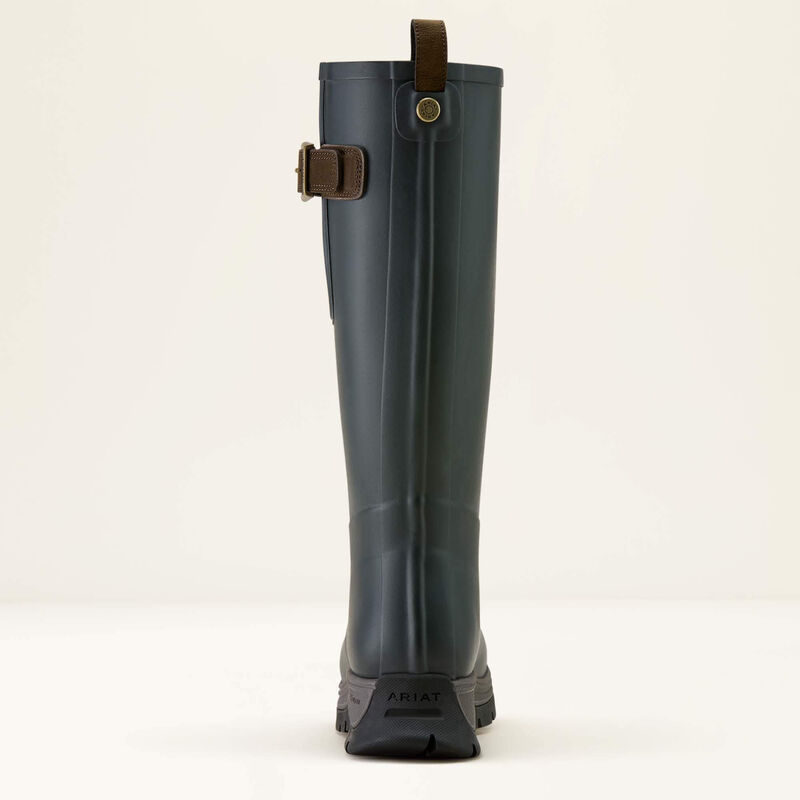 The back of a navy Ariat wellington boot on a white background