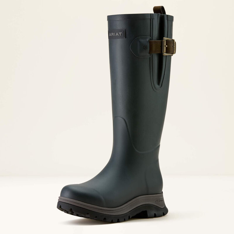 A navy Ariat wellington boot on a white background