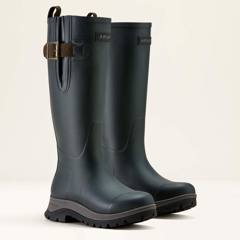 A pair of navy Ariat wellington boots on a white background