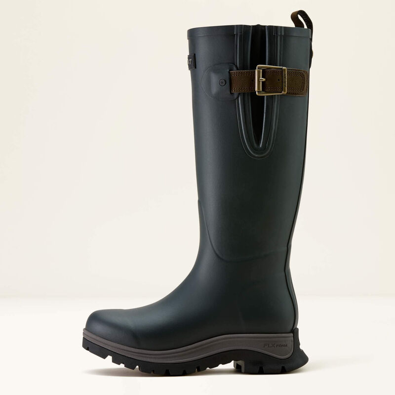 A navy Ariat wellington boot on a white background