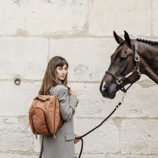woman holding a bag over her shoulder and holding a horse, on a stone wall background